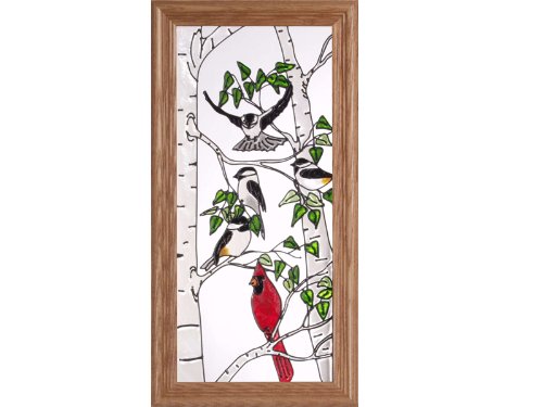 Cardinal CHICKADEE Suncatcher Window BIRCH TREE 11x22 Glass Panel Framed Cardinal CHICKADEE Suncatcher Window BIRCH TREE 11x22 Glass Panel Framed