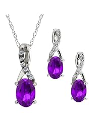 1.46 Ct Oval Purple Amethyst Gemstone Sterling Silver Pendant Earrings Set
