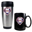 MLB Philadelphia Phillies Stainless Steel Travel Tumbler and Black Ceramic Mug Set (Primary Logo)