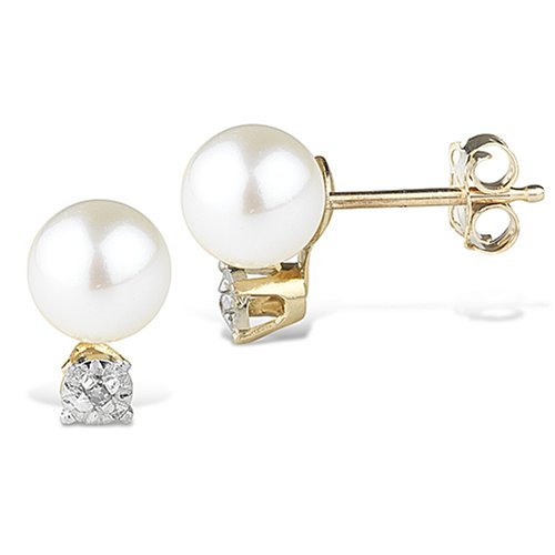 10k Yellow Gold Pearl and Diamond Stud Earrings
