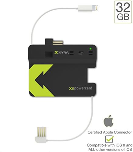 XS powercard - 32GB Apple Lightning Connector Version - 2200 mAh Portable Battery Charger + USB Sync Cable + 32 GB Flash Data Storage + Fits In Your Wallet - iOS 9 compatible (Black w/ White Cables)