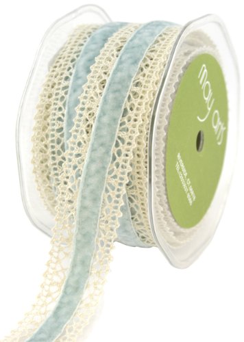 May Arts 1-Inch Wide Ribbon, Ivory Crochet with Light Blue Velvet