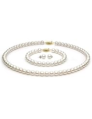 14k Gold 6.5-7mm White Freshwater Cultured Pearl Set AAA Quality, Set Includes Necklace, Bracelet, & Earrings