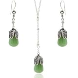  : STERLING SILVER .925 GENUINE AVENTURINE STONE LEAF PETAL BEAD DANGLE HOOK EARRINGS Y NECKLACE 18.5 19.5 JEWELRY SET