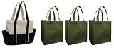 Reusable Grocery Tote Bag 4 Pack Combo, Includes 3 Olive Grocery Totes + 1 Cotton Multiple Pocket Canvas Shoulder Tote
