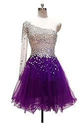 Satin/Tulle  Beaded One Shoulder Short Homecoming Dress/Prom Dress/Wedding Dress  With Rhinestones
