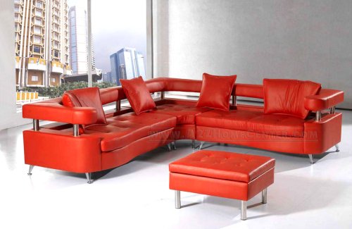 Stunning Luxurious Contemporary Red Leather Sectional Sofa with Pillows and Large Ottoman