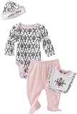Vitamins Baby Girl Newborn Damask Print Four-Piece Creeper Pant Set, Pink, One Size