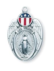 Sterling Silver USAF Airforce Airman Shield Miraculous Medal, Virgin Saint Mary, Immaculate Conception w/ Rd, Wht,and Bl 24" Chain Boxed 1 1/4"x3/4" Patron Saint St. Medal Pendant Necklace In Gift Box