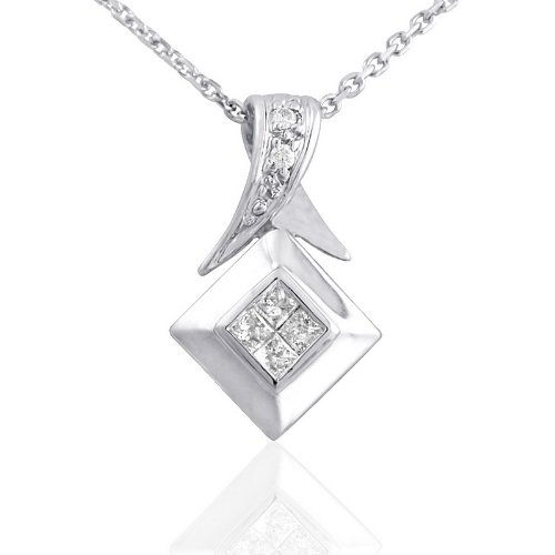 0.18cttw Pendant with invisible princess cut and prong set round diamonds in 14K white gold.