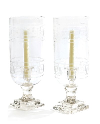 Pair Etched Glass Greek Candle Holders
