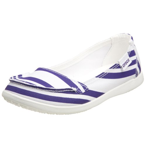 crocs Women's Santa Cruz Flat Slip On,White/Ultraviolet Stripes,4 M