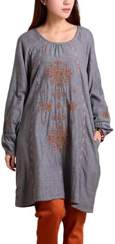 JHBL Women's Round Neck Long Sleeves Loose Linen Embroidery Dress Grey