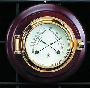 Brass Porthole Thermometer/Hygrometer Weather Station on Teak