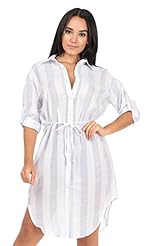 Plus Size Linen Striped Print Long Sleeves Belted  Shirt  Dress