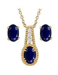 2.18 Ct Oval Blue Sapphire 14K Yellow Gold Pendant Earrings Set
