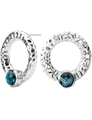 925 Sterling Silver Hammered Earrings with Round Faceted London Blue Topaz