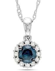 14k White Gold White and Blue Diamond Pendant (0.1 Cttw, G-H Color, I2-I3 Clarity), 17"