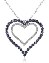 10k White Gold Double Heart-Shaped Natural Sapphire with Diamonds Heart Pendant Necklace, 18"