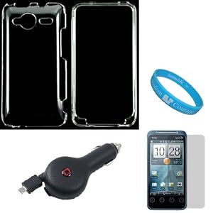 Protective Two Piece Transparent Crystal Clear Hard Case Cover for Sprint HTC EVO Shift 4G Wireless Mobile Phone + Clear Screen Protector + Black Retractable Car Charger with IC Chip + SumacLife TM Wisdom Courage Wristband