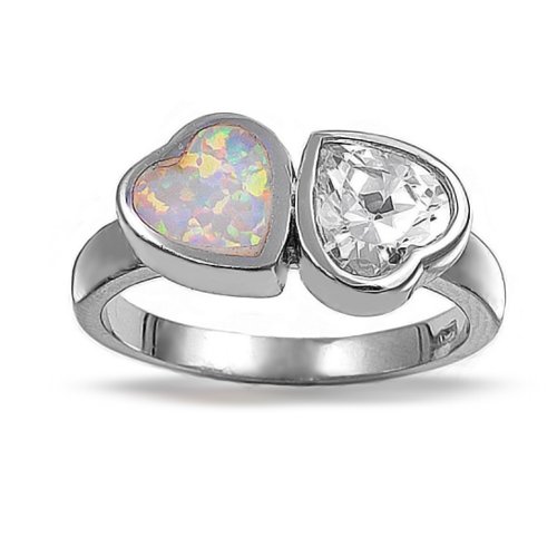 Bling Jewelry Bezel Set Heart CZ and Inlaid Opal Sterling Silver Ring-8