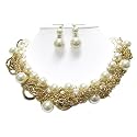White Pearl Ball and Multi Gold Chain Braided Necklace Earrings Set Fashion Jewelry