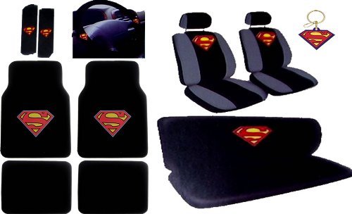 16pcs New Superman Car Seat Covers Set with Heavy Duty Carpet Floor Mats, Shoulder Pads and Steering Wheel Cover, Keychain On Sale