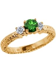 0.79 Ct Round Green and G/H Diamond 18K Yellow Gold 3-Stone Ring