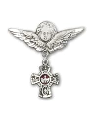 Sterling Silver Baby Badge with Red 5-Way Charm and Angel with Wings Badge Pin