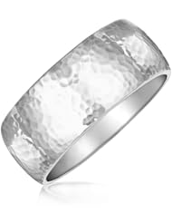 Sterling Silver Thick Hammered Bangle with Rhodium Plating