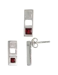 Sterling Silver Matte-finish Bar Earrings (12mm tall) & Pendant Slide (14mm tall) Set, w/ Princess Cut Ruby-colored CZ Stones