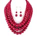 Gorgeous Chunky Red Faux Pearl Multi Layered Necklace Earring Set