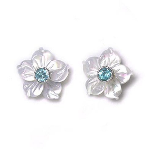 Sterling Silver Mother-of-Pearl Flower and Apatite Earrings by Sajen