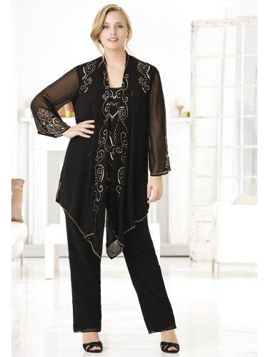Ulla Popken Women's Plus Size Golden Spira Long Sleeve Pant Set (3 Piece)