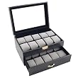 Black Classic Watch Case Display Box With Clear Glass Top Holds 20 Watches