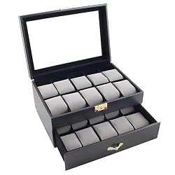 Black Classic Watch Case Display Box With Clear Glass Top Holds 20 Watches