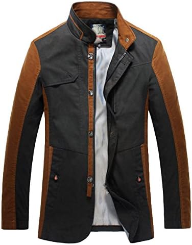 FGYP Men's Stand Collar Slim Fit Zip Windbreaker Jacket Blue Cotton Coat L