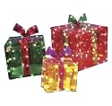 Lighted Boxed Gift Lawn Ornament Set Red, Green, and Gold, 3 Piece