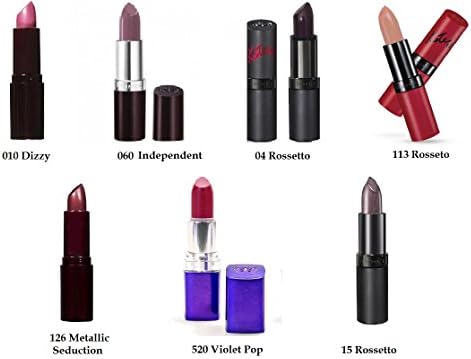 (Pack of 7) - MIX SET of Rimmel London Lipsticks, Lasting Finish By Kate Lipstick, 04 Rossetto/ 15/ 113/ 010 Dizzy/ 060 Independent/ 126 Metallic Seduction/ 520 Violet Pop