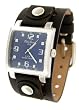 Philip Persio P-139 Premium Black Wide Leather Cuff Strap Square Blue Watch