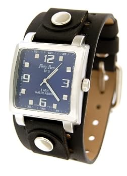 Philip Persio P-139 Premium Black Wide Leather Cuff Strap Square Blue Watch