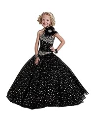 Girls Organza Polka Dot Print One Shoulder Sequined Crystals Lace Crystal Floor Length Pageant Dress 