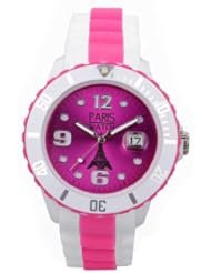 Paris Watch Woman Silicone Quartz Calendar Date White and Multicolor Pink Dial Watch Designed in France Fashion