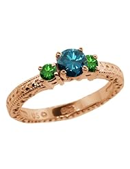 0.79 Ct Round Blue and Green Diamond 18K Rose Gold 3-Stone Ring