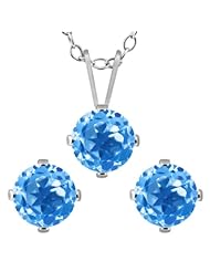 3.00 Ct Round Swiss Blue Topaz 925 Sterling Silver Pendant Earrings Set