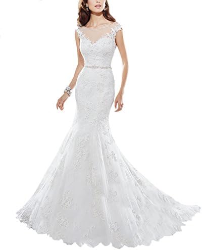 DAPENE Women's Lace Cap Sleeve Crewneck Mermaid bridal Wedding Dress Ivory Custom Size