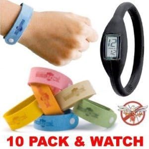 10 PACK Mosquito Bracelets - PLUS FREE ION WATCH - Wholesale Lot of Bugs Mosquito repellent citronella wrist band bracelets. Repels mosquitoes quickly.