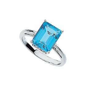 14K White Gold 10 x 8 MM Emerald Shaped Swiss Blue Topaz Ring by Katarina Jewelry