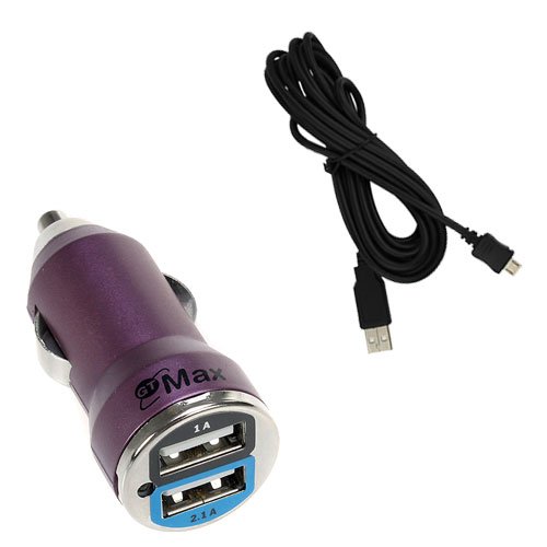 GTMax Metallic Purple 2-port USB Car Charger Adapter (2.1A Output) + Black 10 Ft Micro USB Sync & Charge Cable for Samsung Epic Touch 4G D710, C3300 Champ
