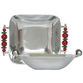 Aluminum Large Square Bowl with Green and Red Glass Bead Handles 13"L x 10"W x 2.5"H